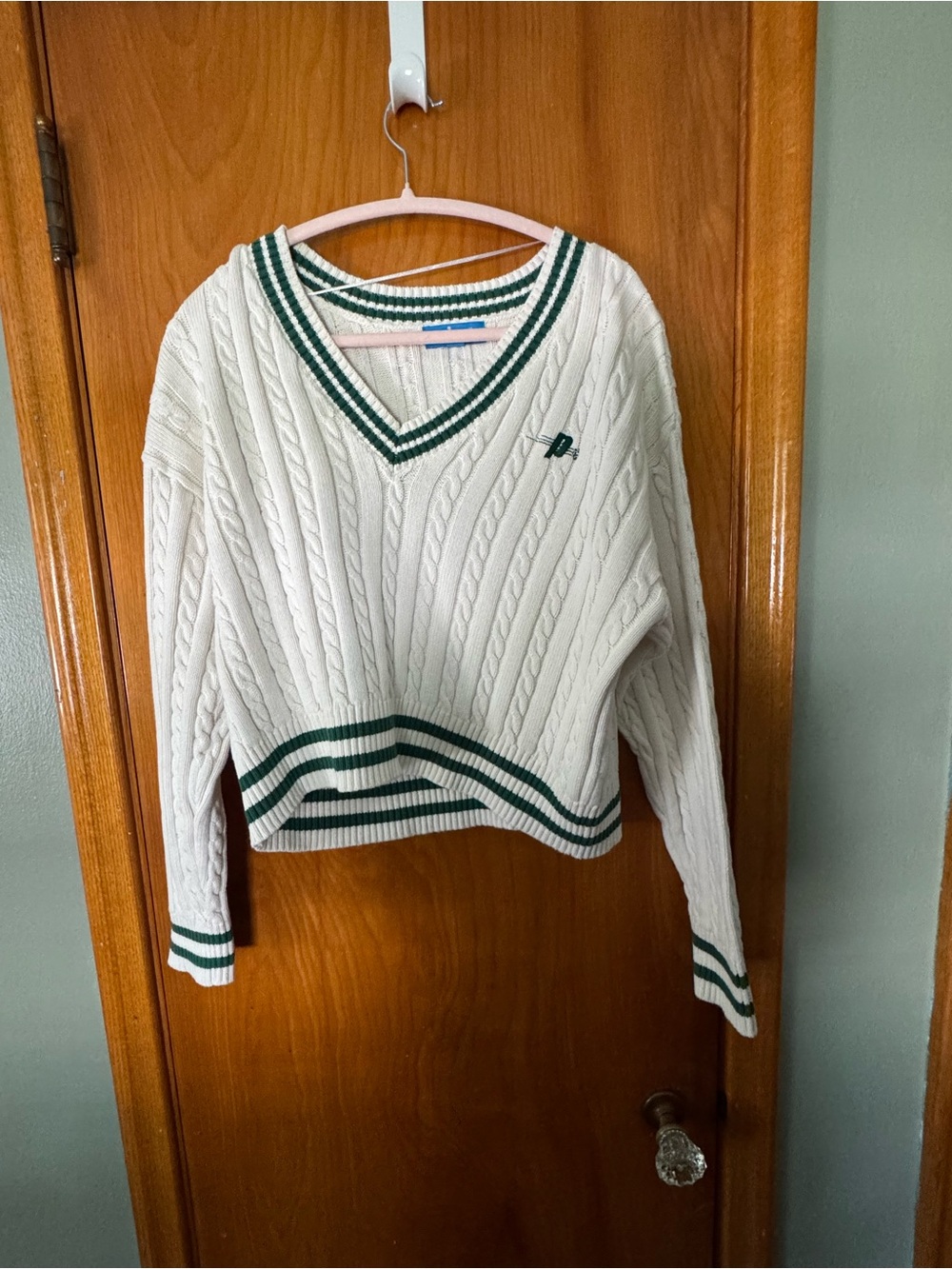 Prince White Cable-Knit V-Neck Sweater with Green Trim